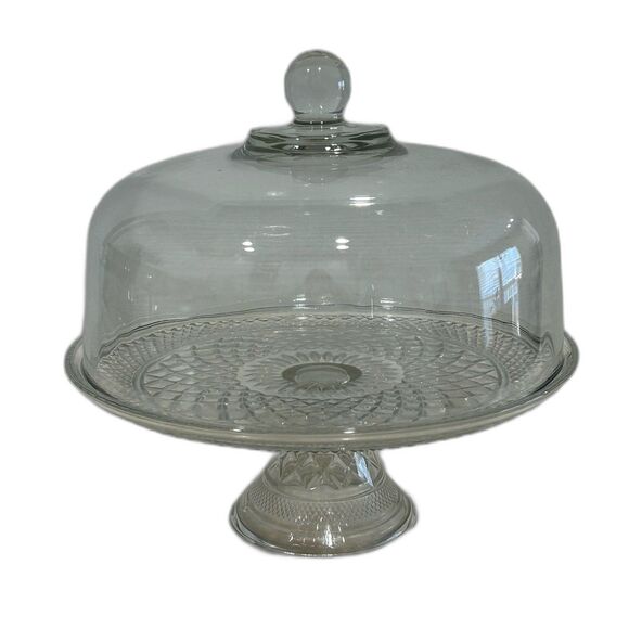 2 Pc. Footed Cake Stand with Heavy Crystal Lid. Preowned - Picture 1 of 11